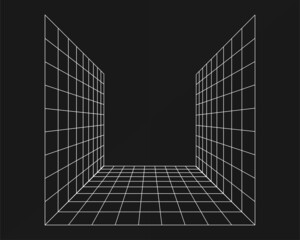 Cyber grid, retro punk perspective rectangular tunnel. Grid tunnel geometry on black background. Vector illustration
