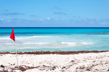 Bandera roja con sargazo vista de la playa de Cancun.