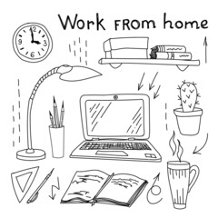 Workplace set with open laptop. Vector illustration in doodle style.