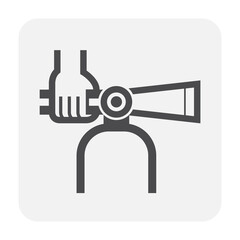 Fire extinguisher vector icon. Safety equipment or emergency tool with handle, sign, hose, chemical powder or foam for firefighter to extinguish, protection, prevention, suppression by spray to fire.

