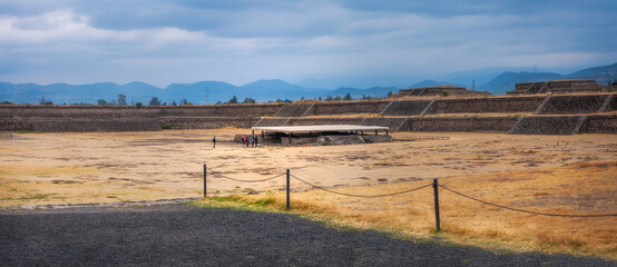 Citadel, a large courtyard in front of the Temple of Quetzalcoatl, the Feathered Serpent at...