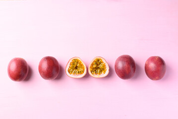 Fresh passion fruit on pink background, Tropical fruit in summer season