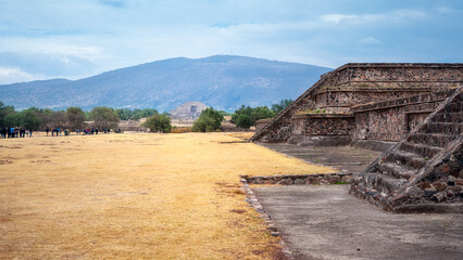 Perspective view at the Citadel a large plaza at Teotihuacán, an archaeological complex in Central Mexico. Ancient city of Teotihuacan contains residences, great plazas, temples, and palaces of nobles
