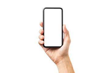 Hand man holding mobile smartphone with blank screen with space for inserting advertising text. isolated on white background with clipping path
