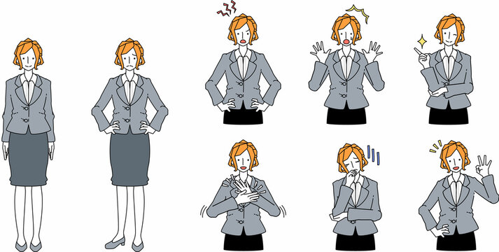 色々なポーズをとるするスーツ姿の女性のイラスト