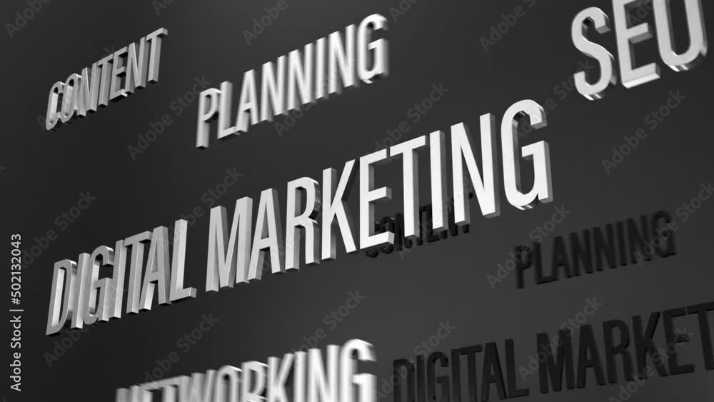 Poster 3d chrome white text word cloud flying of digital maketing animation effect. 4k 3d animation word fl