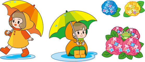 子供と傘・カエル・紫陽花のイラストセット