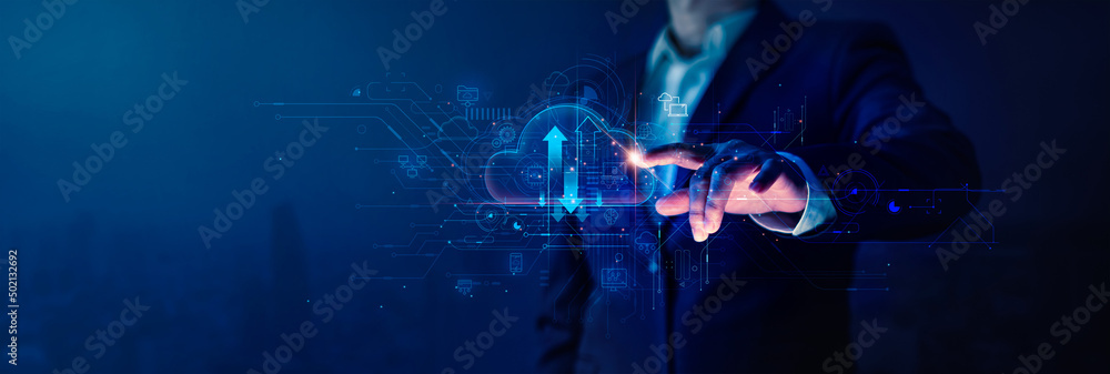 Poster Businessman touch cloud computing icon network. Cloud technology, Cloud data transfer and online data storage for business network confidential data of business on internet storage network.