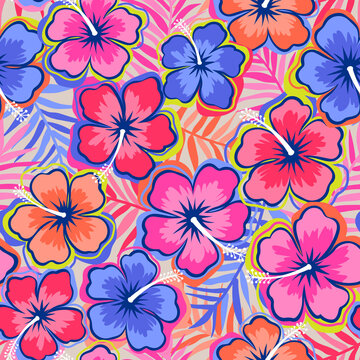 Colorful hibiscus flower with palm leaf seamless pattern for summer holidays background.