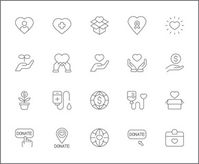 Set of Charity and Donation icons line style. It contains such Icons as blood, heart, save world, love, cross, ribbon, care, volunteer, fund, donor and other elements.