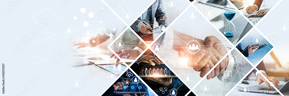 Poster .Global business structure of networking. Analysis and data exchange customer connection, HR recruitment and global outsourcing, Customer service, Teamwork, Strategy, Technology and social network