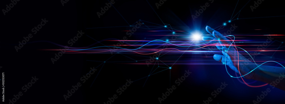 Aufkleber Businessman hand touching of digital data network transformation for next generation technology on cyberspace, Internet network and digital software development, Algorithm, Metaverse and data science.