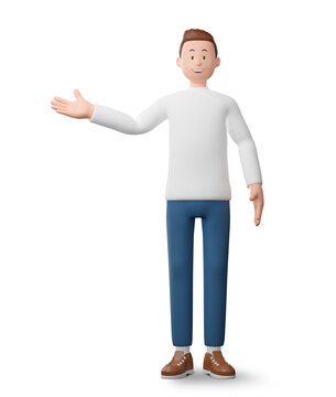 Isolated 3D cartoon man standing and pointing hand on white background,3D Rendering.