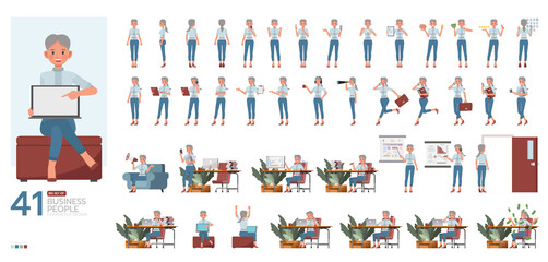 Big Set of office woman character vector design. Presentation in various action. People working in office planning, thinking and economic analysis.