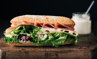 Sandwich mit Schinken, Käse, Gurke und Salatblättern
