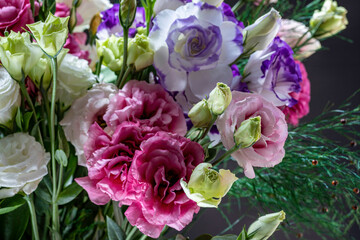 Multicolor Prairie gentian Lisianthus Eustoma flowers bouquet closeup