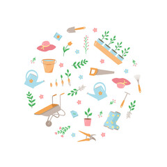 Garden tools and plants, a set of vector doodle illustrations. Concept gardening, a summer hobby.