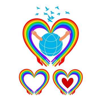 A globe with childrens hands in the arms of a rainbow heart releases colorful birds