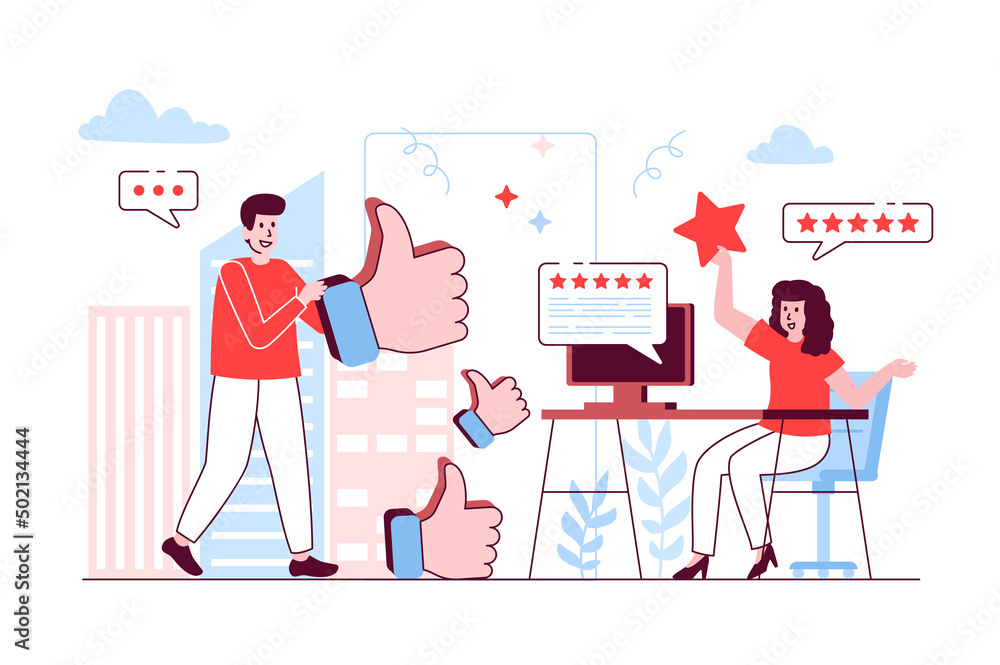 Poster best feedback concept in flat line design. man and woman giving consumer feedbacks, living customer 