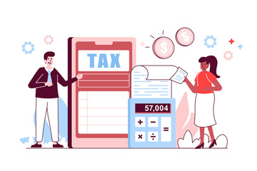 Mobile Tax filing concept in flat line design. Man and woman file tax return, declare income and maintain financial statements using mobile app. Vector illustration with outline people scene for web