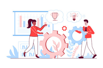 Teamwork concept in flat line design. Man and woman colleagues working together, generate success ideas, improve business and achieve goals. Vector illustration with outline people scene for web