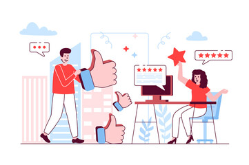 Best feedback concept in flat line design. Man and woman giving consumer feedbacks, living customer reviews at websites, satisfaction level. Vector illustration with outline people scene for web