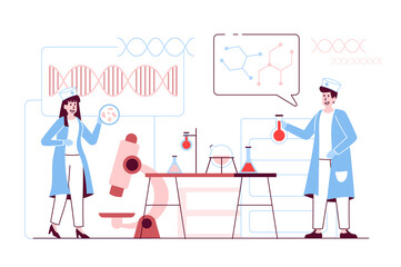Medical laboratory concept in flat line design. Employees in uniform do tests and scientific research using microscope and other lab equipment. Vector illustration with outline people scene for web