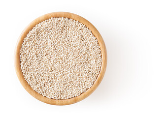 Dried white quinoa seeds in wooden bowl isolated on white background with clipping path