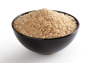 Brown rice in black bowl isolated on white background with clipping path