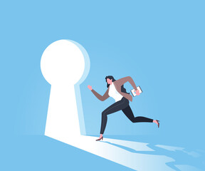 The doorway to success, key to success, business goals, target achievement, successful career or victory concept. Businesswoman is running toward to the keyhole shaped doorway in blue background.
