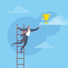 Business goals, mission accomplishment, career growth, improve skill to success or ladder to achieve target concept. Businessman climbing ladder to reach the golden winner cup in blue background.