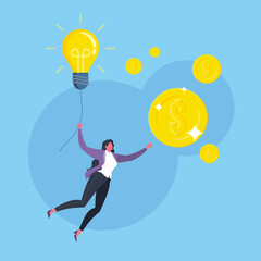 Strategic goals for business, mission accomplishment, success with ideas or great idea to achieve target concept. Businesswoman holds a flying light bulb to reach golden US dollar coin in blue scene.