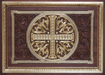 Christian gilded cross on a board, antique item.