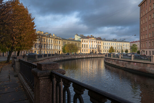 Embankment of the Griboyedov Canal on a sunny autumn morning, Saint Petersburg, Russia