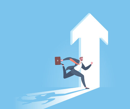 The doorway to success, key to success, business goals, target achievement, successful career or victory concept. Businessman is running toward to the arrow shaped doorway in blue background.