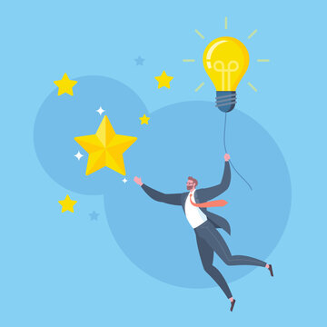 Strategic goals for business, mission accomplishment, success with ideas or great idea to achieve target concept. Businessman holds a flying light bulb to reach the golden star in blue scene.