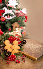 Christmas decoration with cookies on an old wooden background.