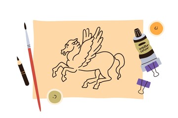 Sketch drawing on album sheet of paper with watercolor paint in tube, brush around. Pencil painting, outline picture with supplies, top view. Flat vector illustration isolated on white background