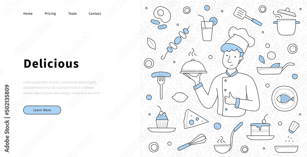 Wall mural Restaurant banner with doodle food and man in chef hat with dish. Vector landing page of delicious culinary with hand drawn icons of pizza, cake, drink, fish and fried egg