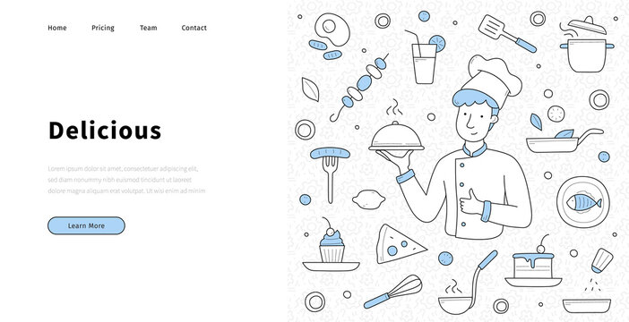 Restaurant banner with doodle food and man in chef hat with dish. Vector landing page of delicious culinary with hand drawn icons of pizza, cake, drink, fish and fried egg