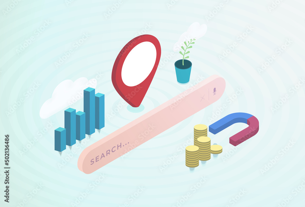 Poster local search optimization isometric concept. seo marketing strategy for better finding local busines