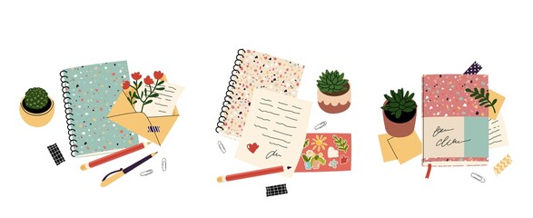 Set with Decorative compositions with stationery. keeping a diary, writing letters, daily pleasures. Cute house  plants. Objects on the table. Top view. Flat style in vector illustration.
