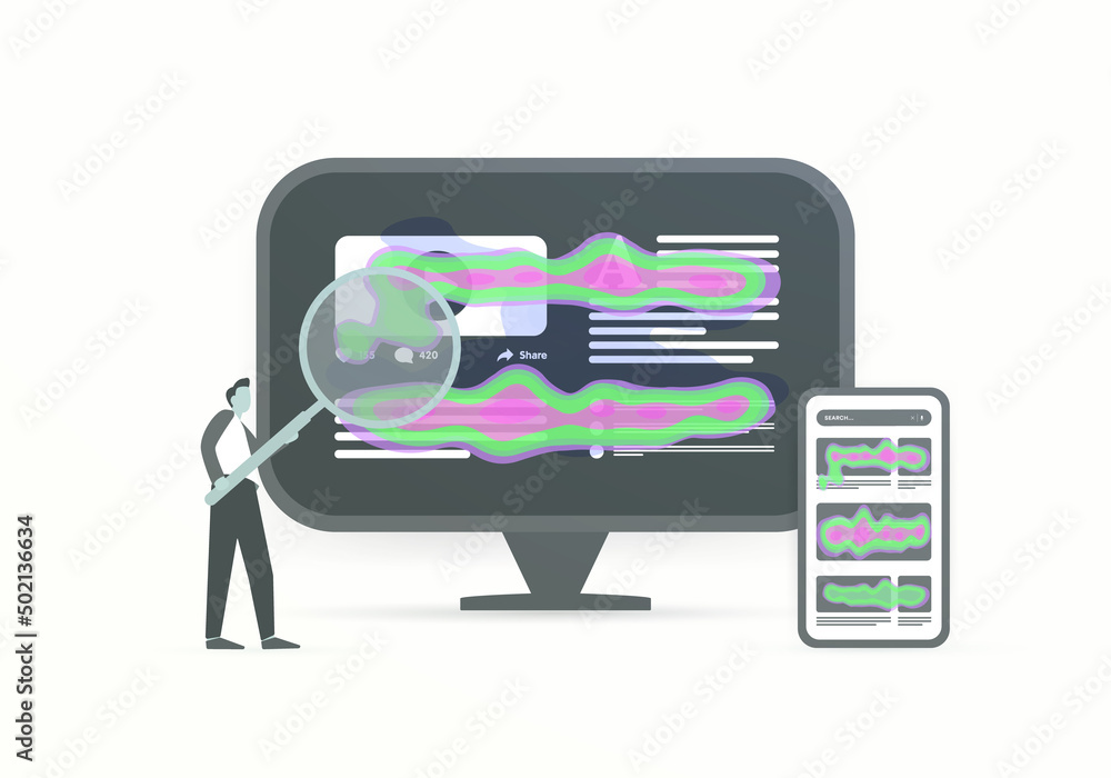 Poster website heat map seo analytics tools concept. analysis mouse and eye tracking heatmap of client beha