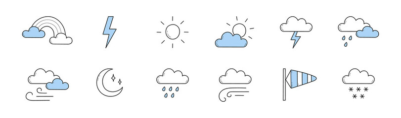 Set of weather forecast doodle icons, isolated vector linear rainbow, cloud and lightning, sun, moon, windsock, rain and snow. Climate design elements, meteorology, nature line art symbols collection - obrazy, fototapety, plakaty