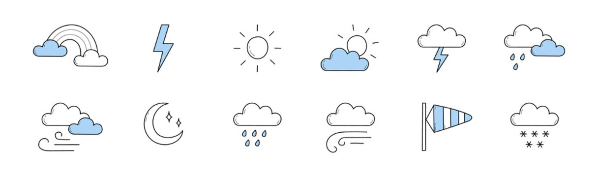 Set of weather forecast doodle icons, isolated vector linear rainbow, cloud and lightning, sun, moon, windsock, rain and snow. Climate design elements, meteorology, nature line art symbols collection