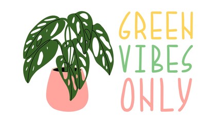 Plant phrase. Trendy house plant and motivation quote green vibes only. Hand drawing print design. Home and stationery decor. Flat style in vector illustration. Isolated elements.