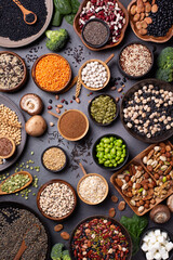 Variety of vegan, plant based protein food, legumes, lentils, beans