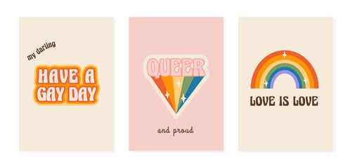 Cute greeting cards with LGBT symbols in retro groovy 60s 70s style. Pride month poster with rainbow and LGBTQ phrases and slogans. Set of queer vertical cards. Vector illustration.