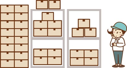 倉庫で腕を組み、考え事をする帽子をかぶった作業員の女性。