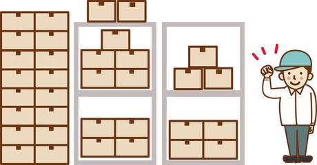 倉庫でガッツポーズをする作業員の男性。